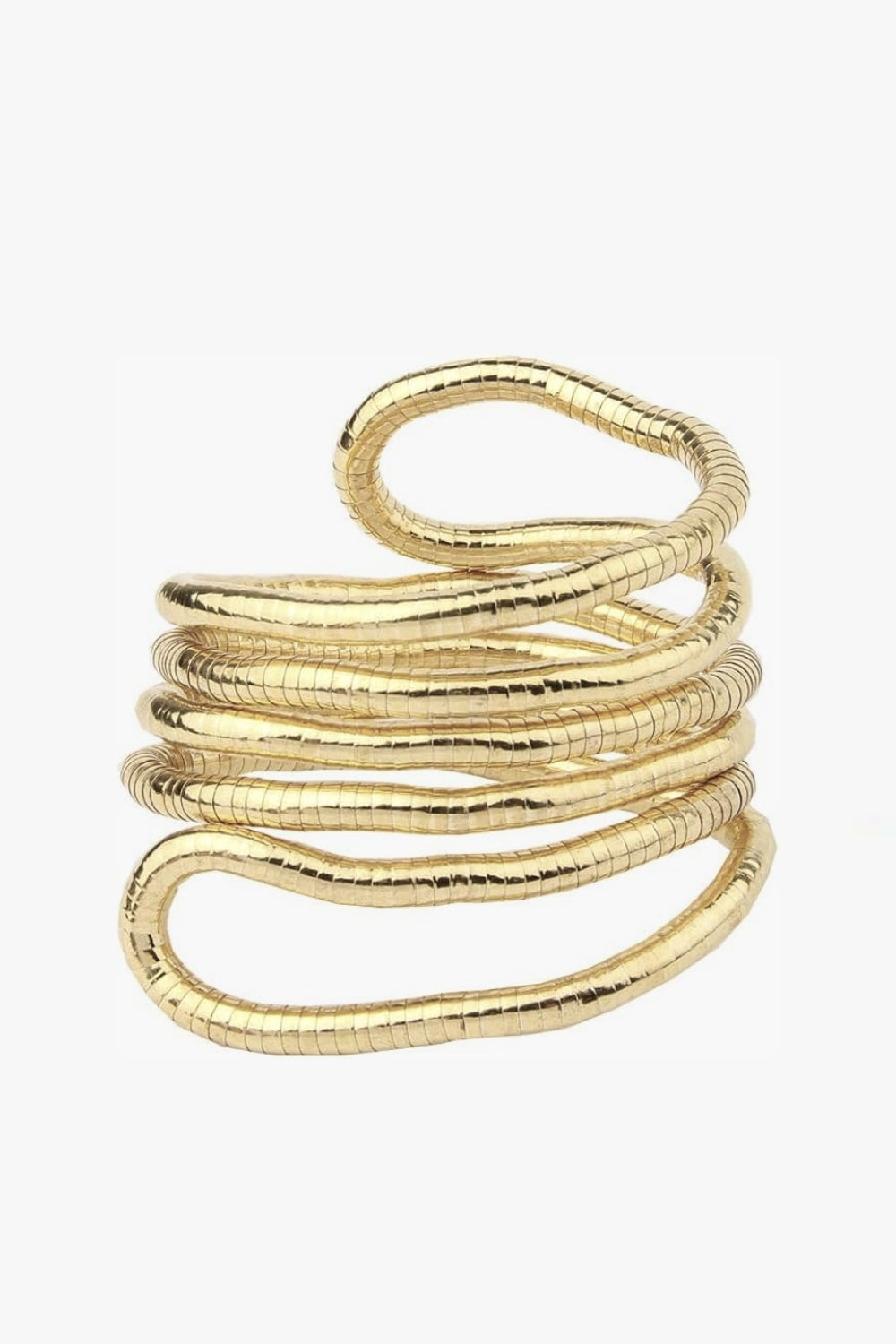 Yellow gold adjustable spiral bracelet and necklace on a white background