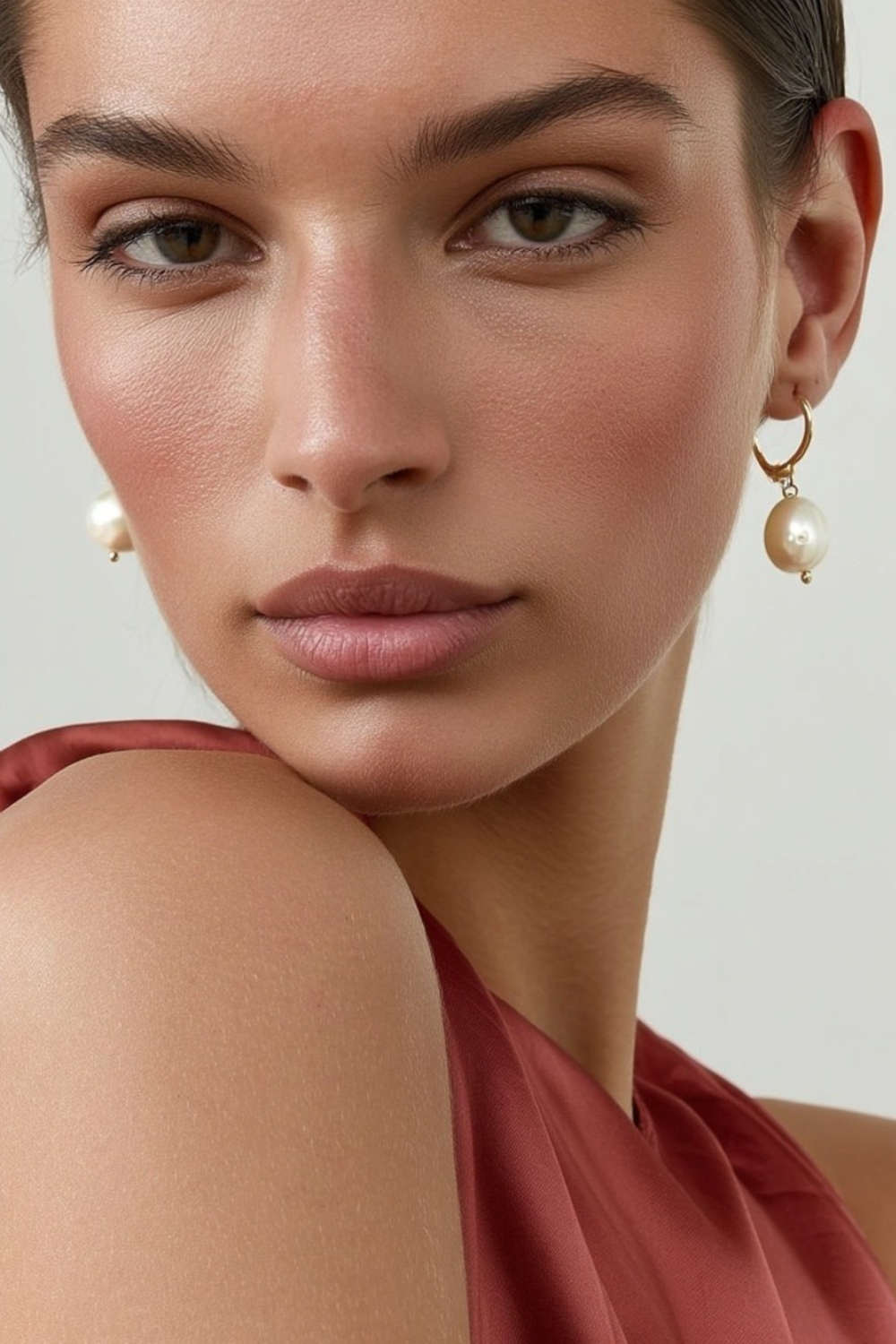 Model wearing the Léa Earrings – 18k yellow gold-plated huggie earrings with natural baroque pearl drop