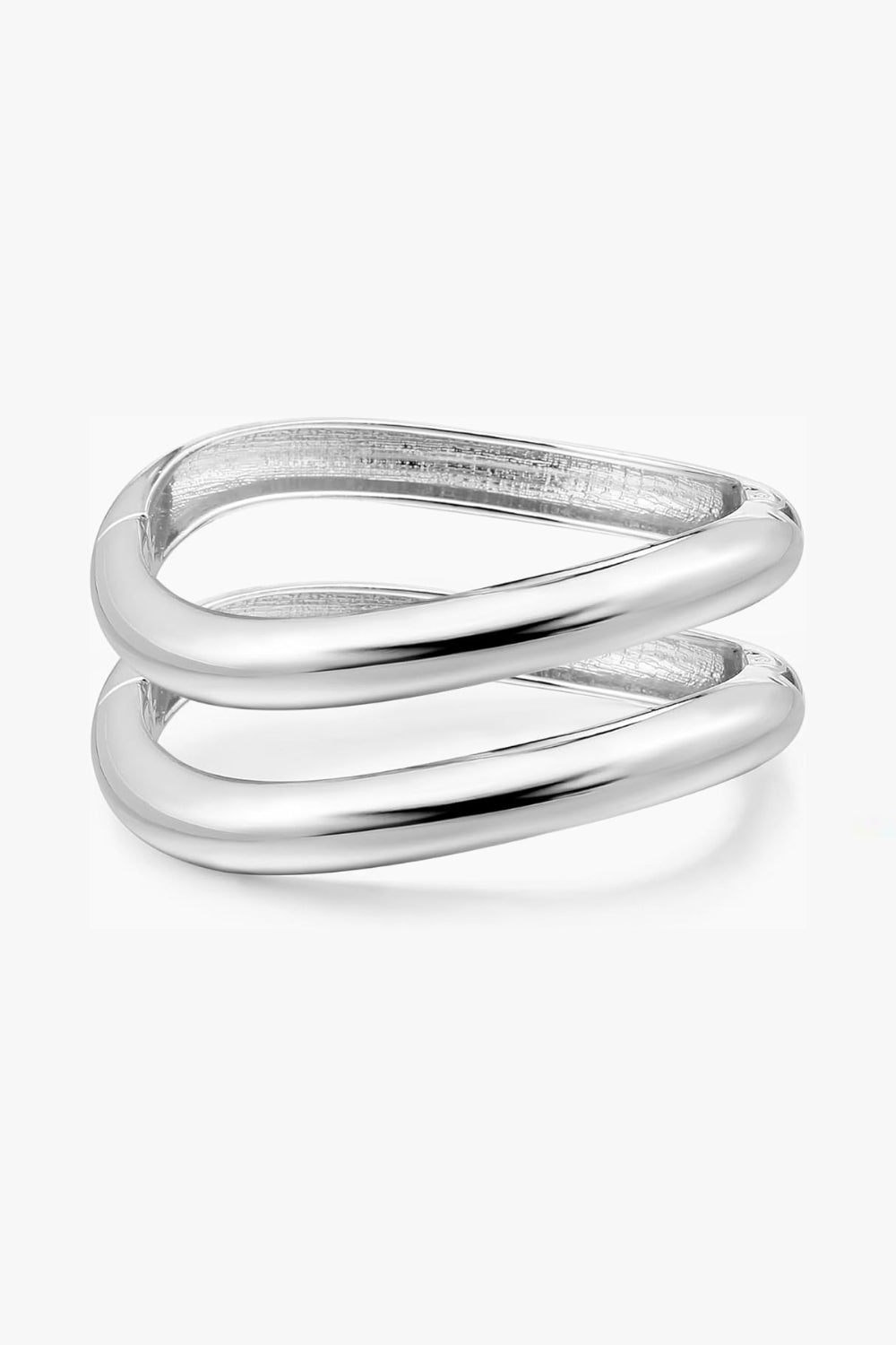 Lila Bracelet, double-band 14k white gold sculptural cuff, 2.7" diameter, on white background