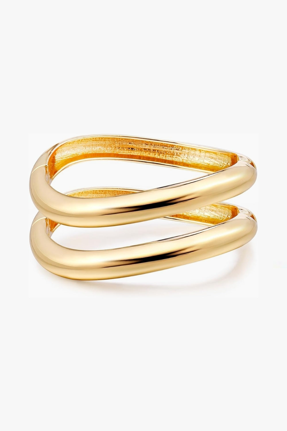 Lila Bracelet, double-band 14k yellow gold sculptural cuff, 2.7" diameter, on white background