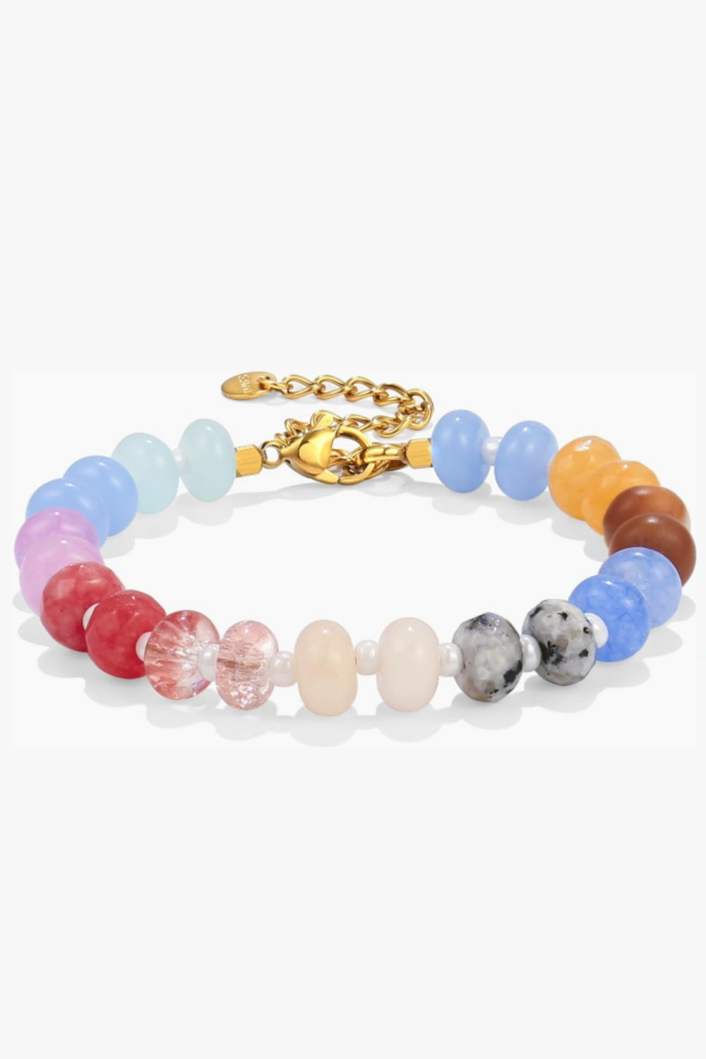 Marina Bracelet – 14k yellow gold-plated chunky beaded bracelet with high-gloss natural stone beads in vibrant fuchsia, red, and pink tones, on white background.