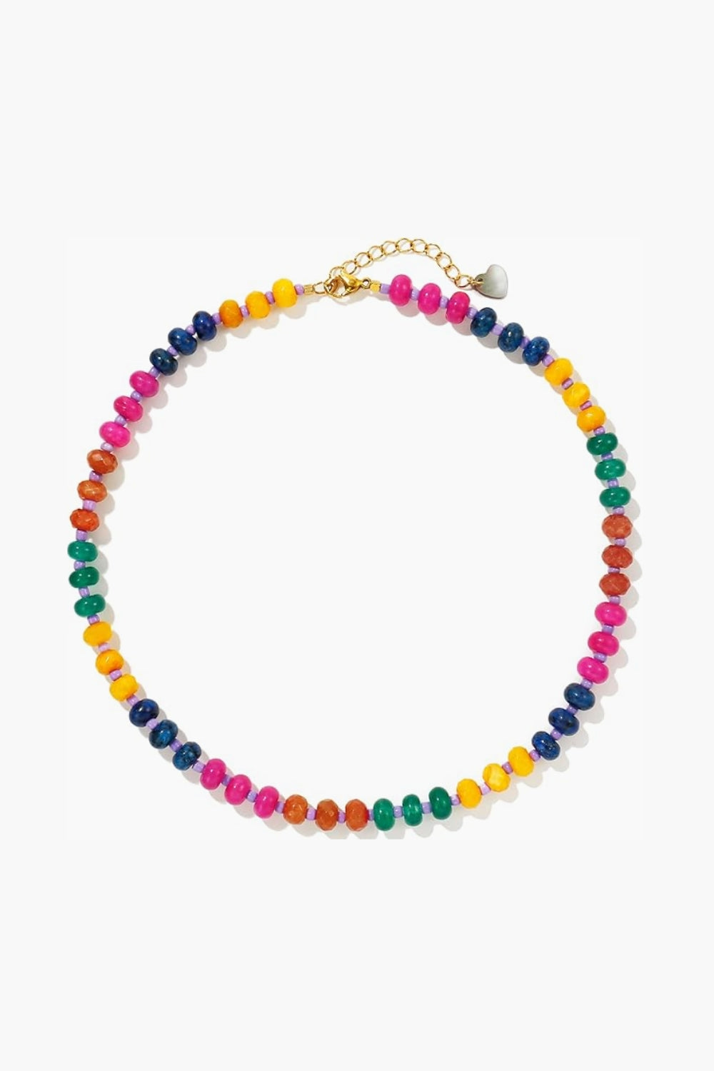Marina Necklace – 14k yellow gold-plated chunky beaded necklace with high-gloss natural stone beads in vibrant pink, orange, and yellow tones, on white background.