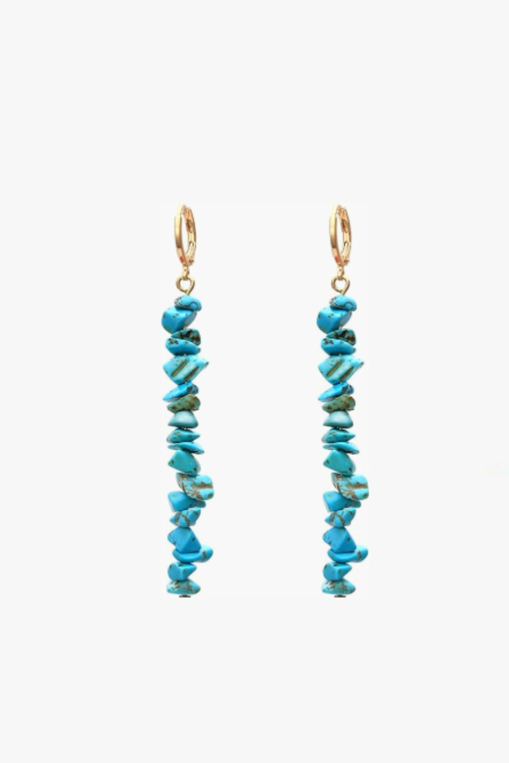 Mia Earrings – 14k yellow gold-plated drop earrings with hand-strung natural turquoise chip beads, on white background.