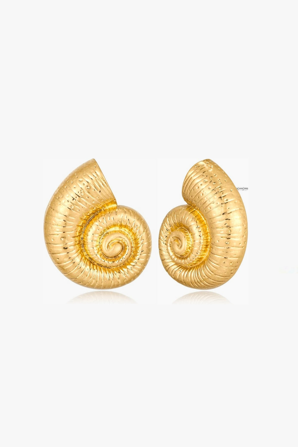 Mira Earrings – 14k yellow gold-plated earrings with textured nautilus shell design, on white background.