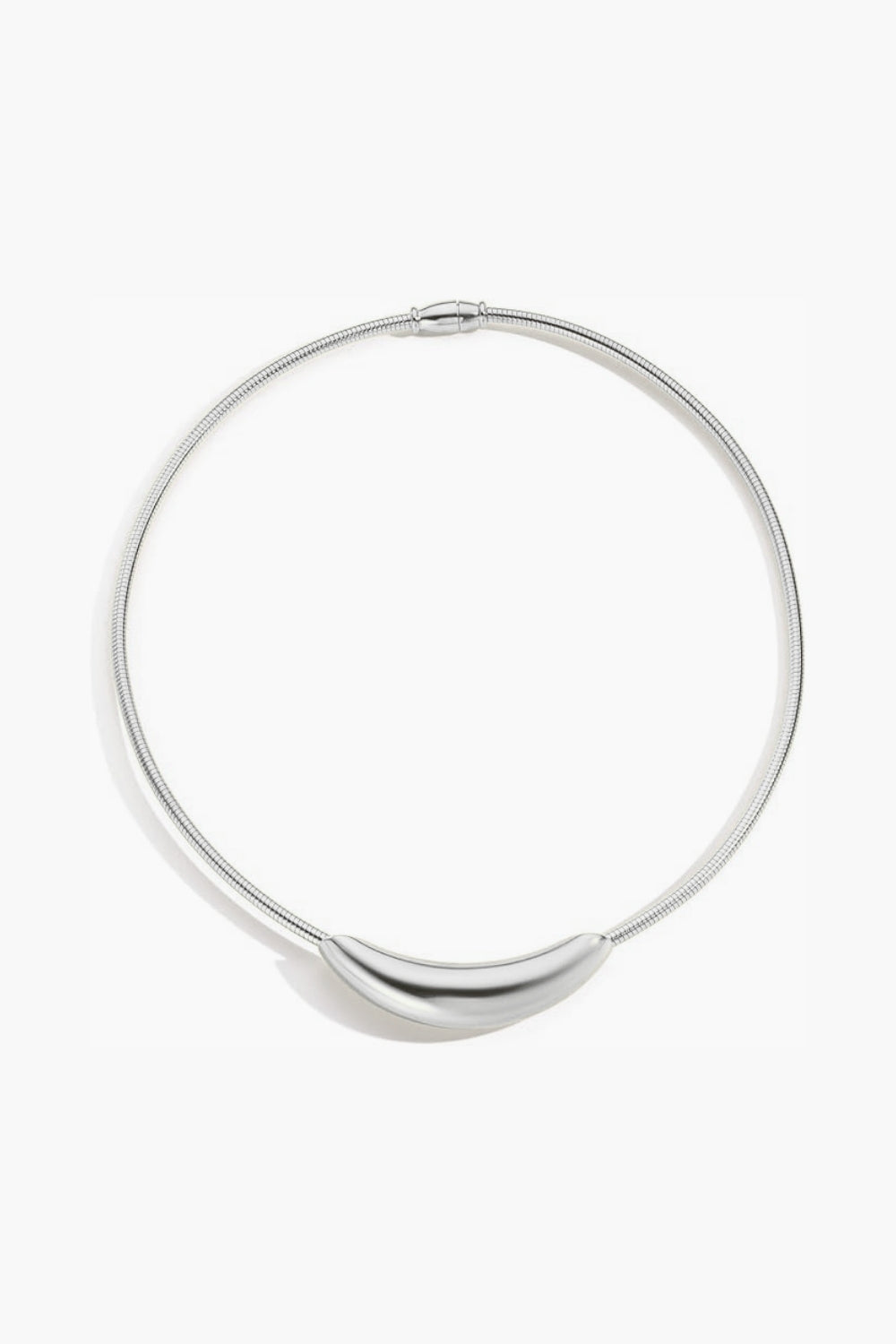 Noelle Necklace - white gold sculptural curved bar on snake chain, 16.75" length on white background