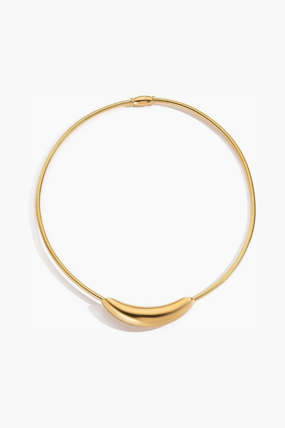Noelle Necklace - yellow gold sculptural curved bar on snake chain, 16.75" length on white background