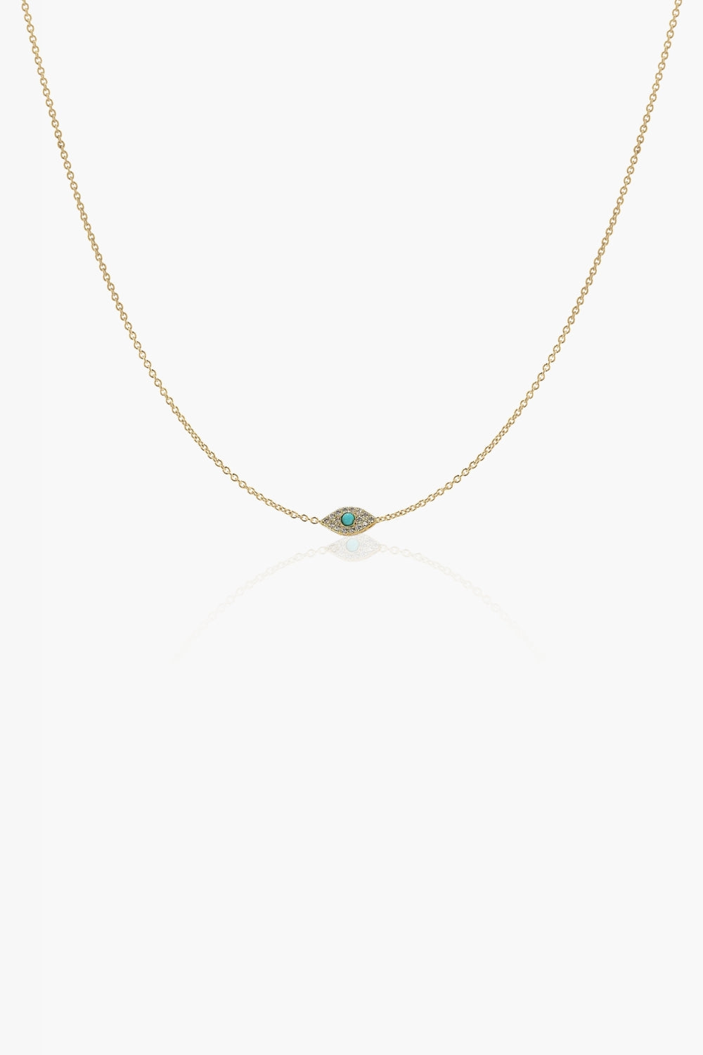Orli yellow gold necklace with pavé turquoise blue evil eye pendant on delicate chain.