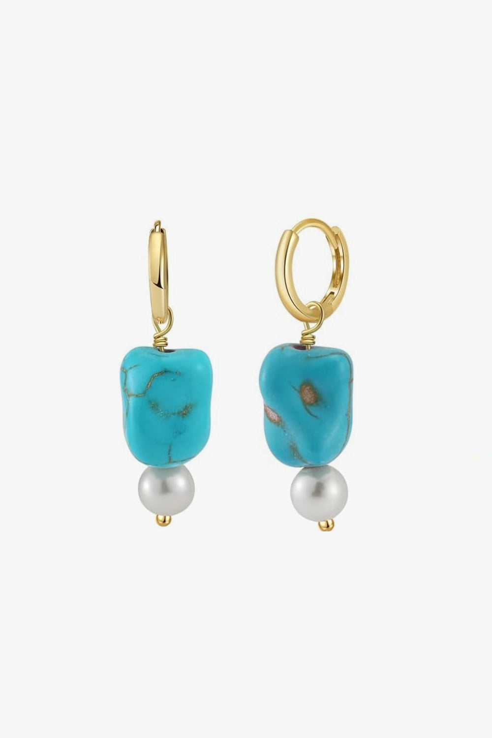 Sofi Earrings – 14k yellow gold-plated hoop earrings with turquoise bead and white pearl accent, on white background.