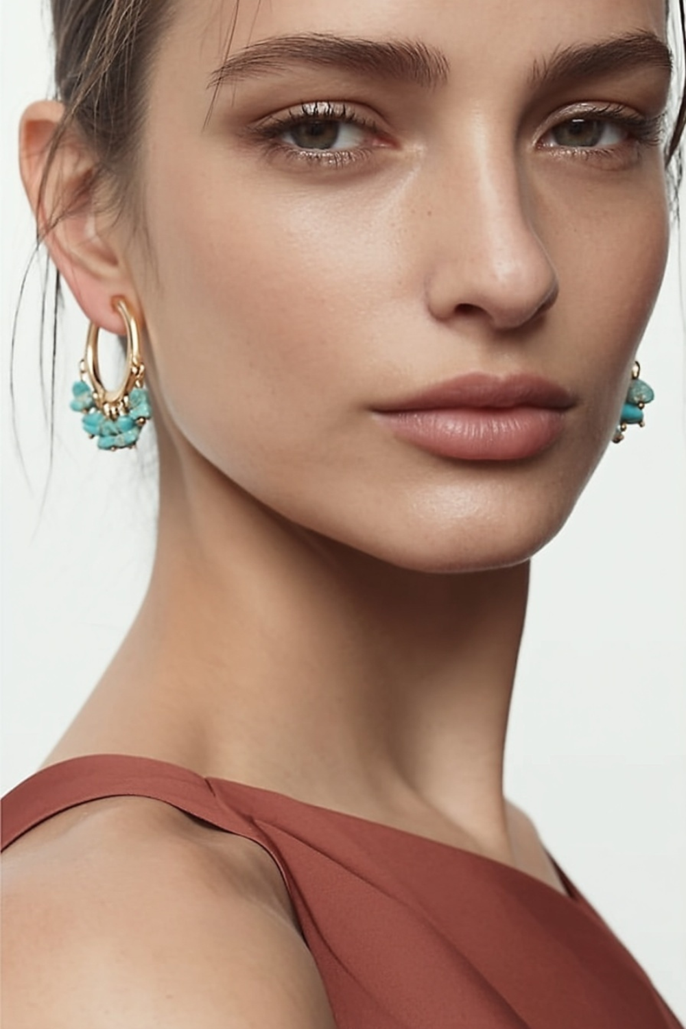 Model wearing the Solé Earrings – 14k yellow gold-plated hoop earrings with natural turquoise chip beads.
