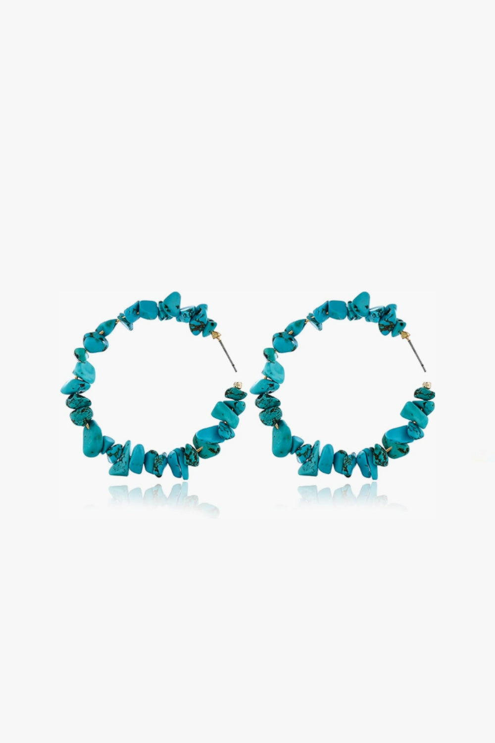 Thalia Earrings – 14k yellow gold-plated hoop earrings with natural turquoise chip beads, on white background.